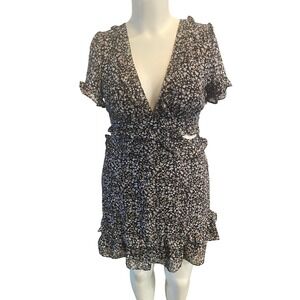 Vine Tree Floral Ruffle Mini Dress Open Back Cut Out Black Ditsy Print NWT
